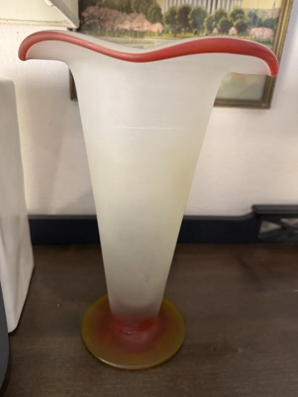 Vintage Mid-Century Art Glass Handkerchief Vase – Frosted White Red Amber – 11”